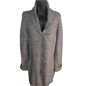 Dalia Gray And White Motled Knit Shawl Collar Mid-length Cardigan Sweater L